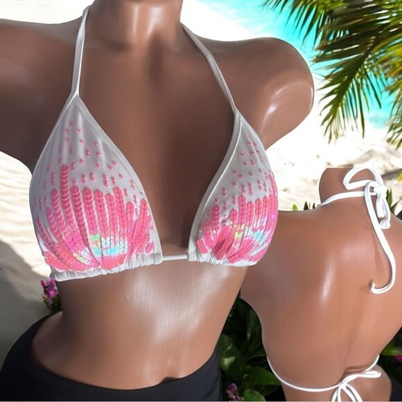 Victoria’s Secret l White w/ Pink Sequins l Triangle Bikini Top l Small l EUC - Picture 11 of 11